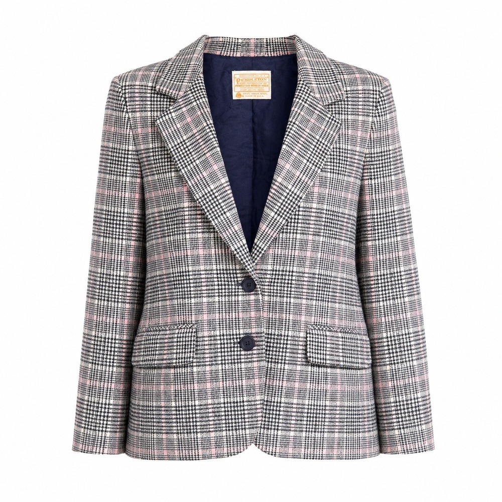 Vintage Pendleton Blazer Glen Plaid Wool Navy Blue White Pink Two‎ Button L